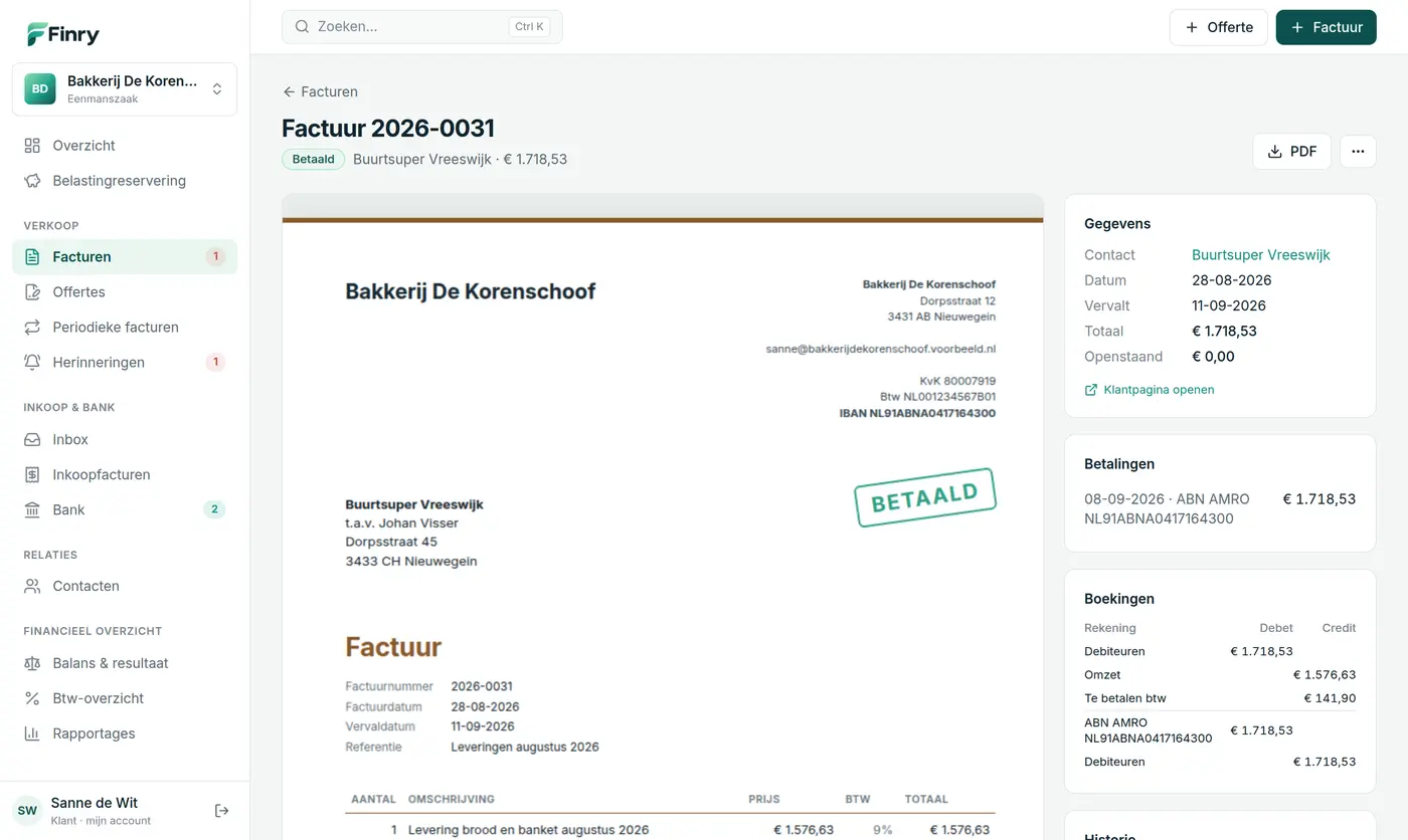 Een factuur in Finry met PDF, UBL en boekingen